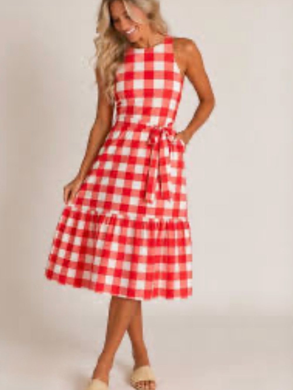 Ann Taylor petite women PL Red & White Checkered Gingham Tie Waist Midi Dress